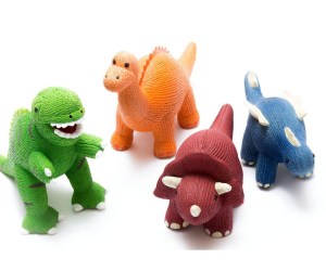 Green natural rubber T rex teether dinosaur toy for babies with textured finish on body